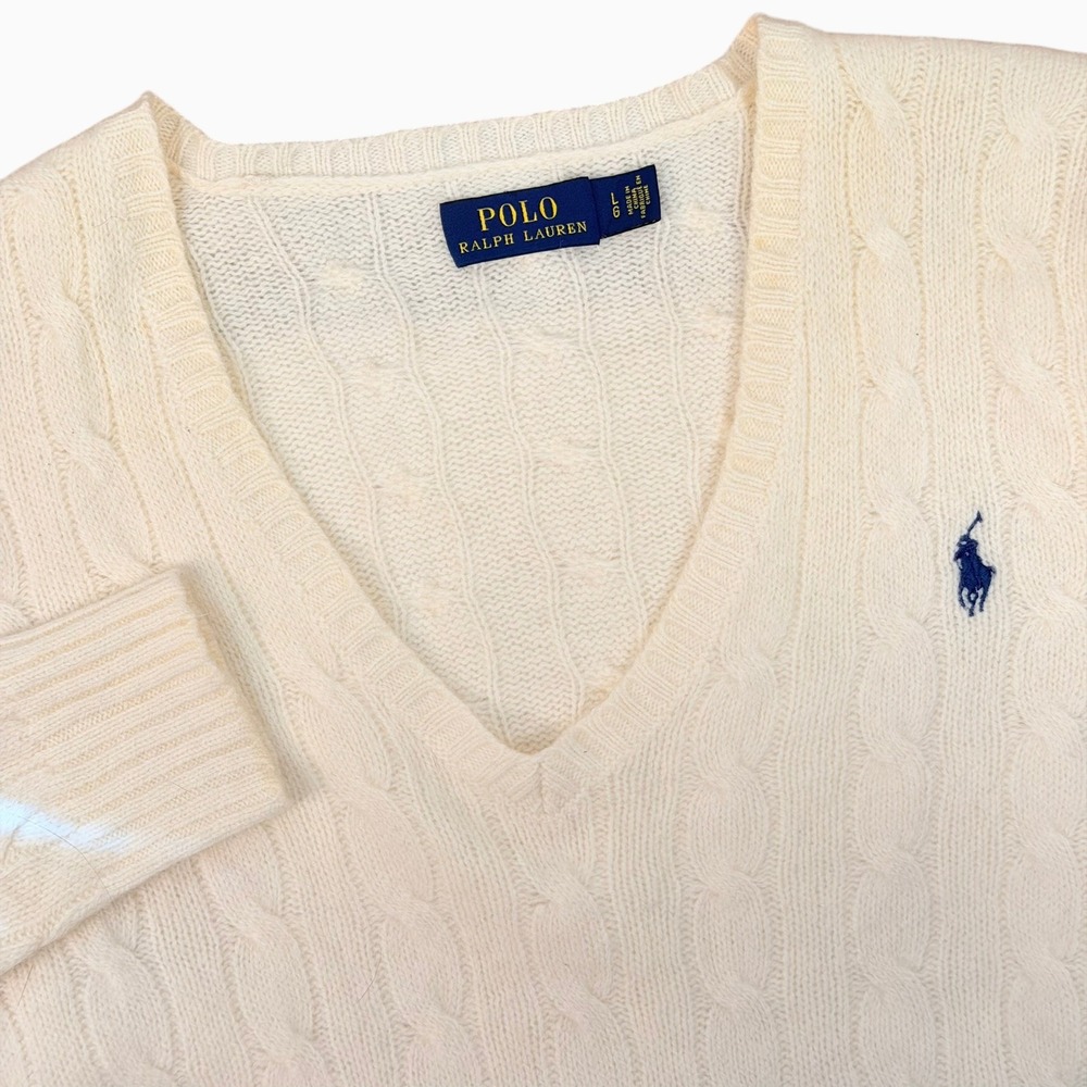 Polo Ralph Lauren Sweater Womens L Cream Cable Knit Wool Cashmere V-Neck Pony